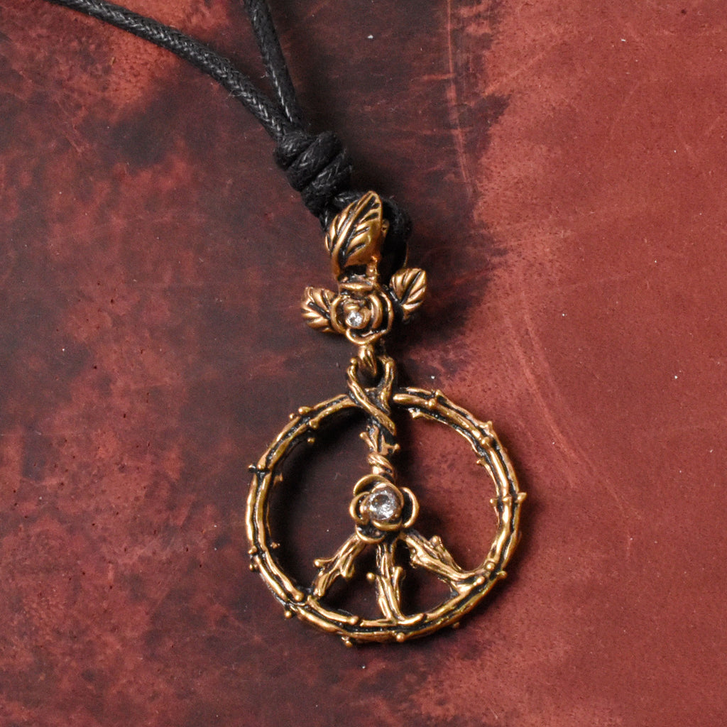 Peace Sign Roses Handmade Pewter Gold Brass Necklace Pendant Jewelry