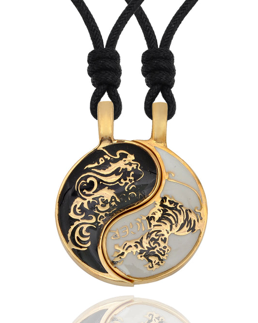 Dragon Tiger Yin Yang Best Friend Handmade Pewter Brass Necklace Pendant Jewelry