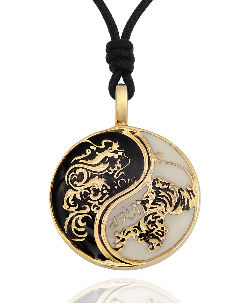 Dragon Tiger Yin Yang Best Friend Handmade Pewter Brass Necklace Pendant Jewelry
