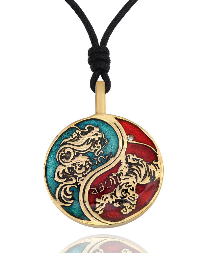 Tiger Dragon Colorful Yin Yang Handmade Brass Necklace Pendant Feng Shui Jewelry