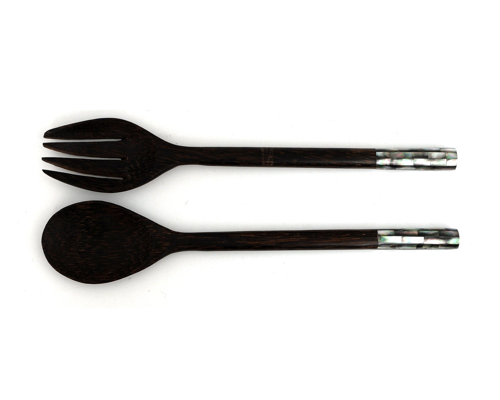 Myanmar Palm Wood Salad Fork & Spoon With Mother of Pearl Inlay Round Handle