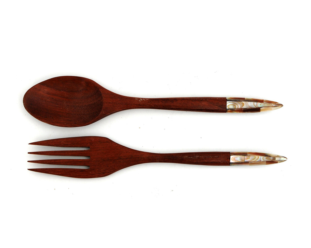 Myanmar Wooden Dinner Spoons and Forks With Mother of Pearl Inlay Handle