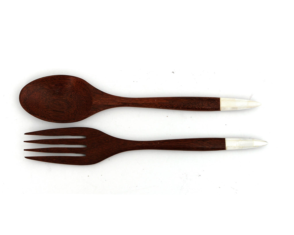 Myanmar Wooden Dinner Spoons and Forks With Mother of Pearl Inlay Handle