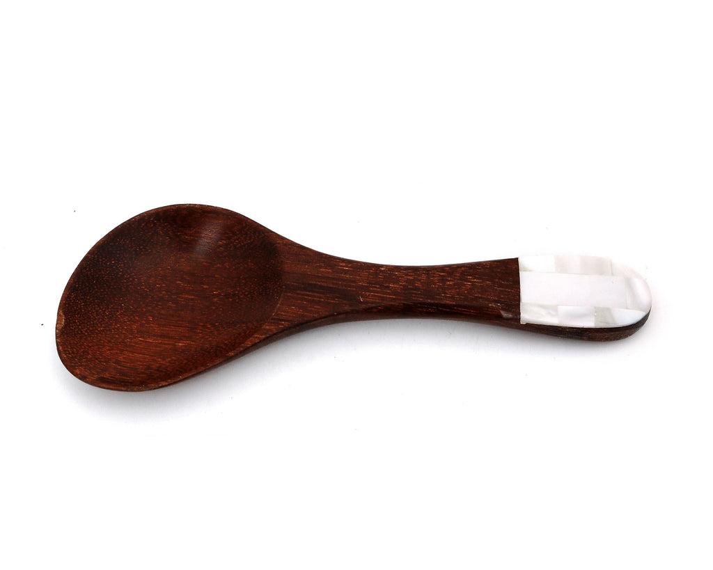 Myanmar Handmade Natural Wooden Dessert Spoon With Mother of Pearl Inlay Handle