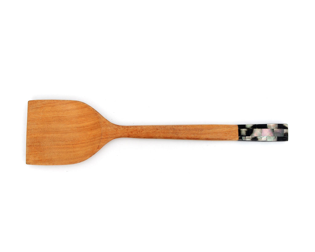 Myanmar Handmade Natural Wood Spatula Turner With Mother of Pearl Seashell Inlay