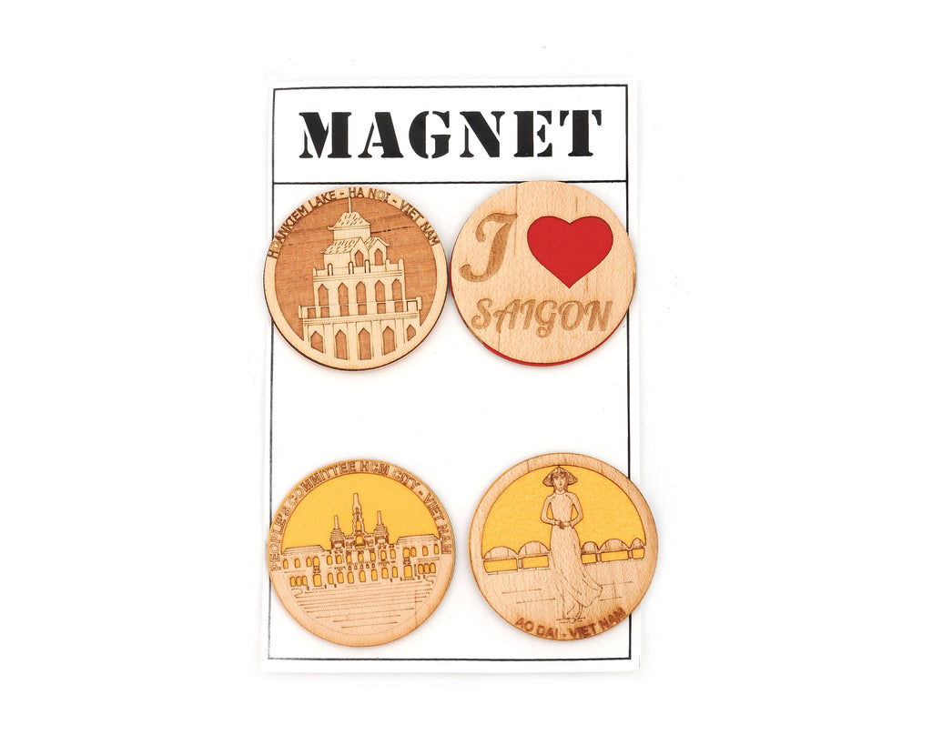 Set of 4 Vietnamese Symbols Handmade Wooden Fridge Magnets Collection