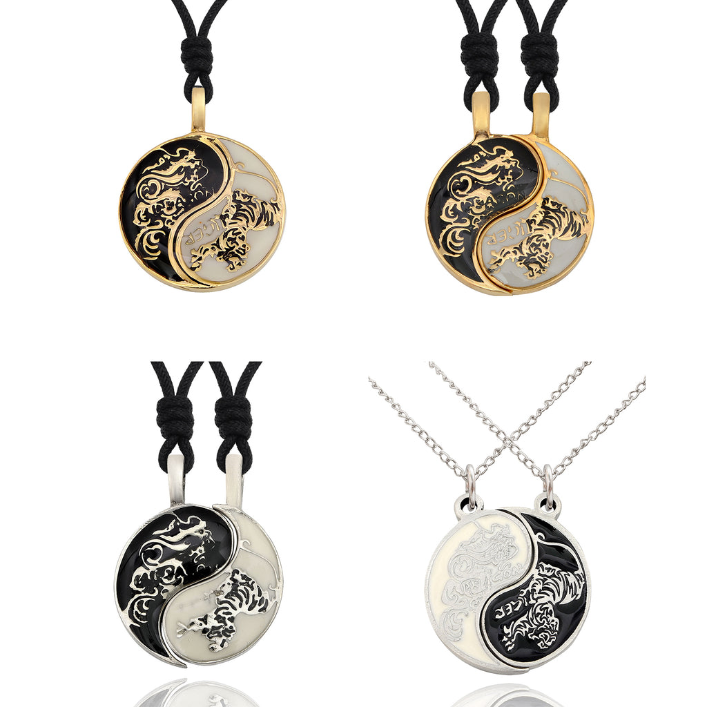 Dragon Tiger Yin Yang Best Friend Handmade Pewter Brass Necklace Pendant Jewelry