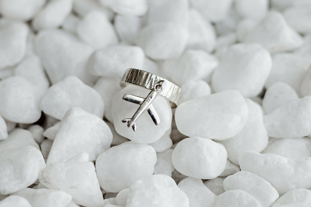 Silver ring with airplanes, 925 sterling silver, Pendant ring, Traveler's Talisman