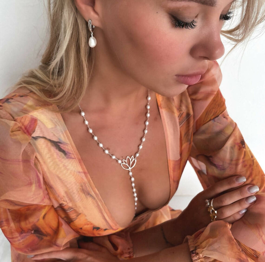 Jewelry Y-chain, necklace lotus, boho necklace, long necklace, freshwater pearl, silver 925, lariat necklace, gift for girl,natural stones