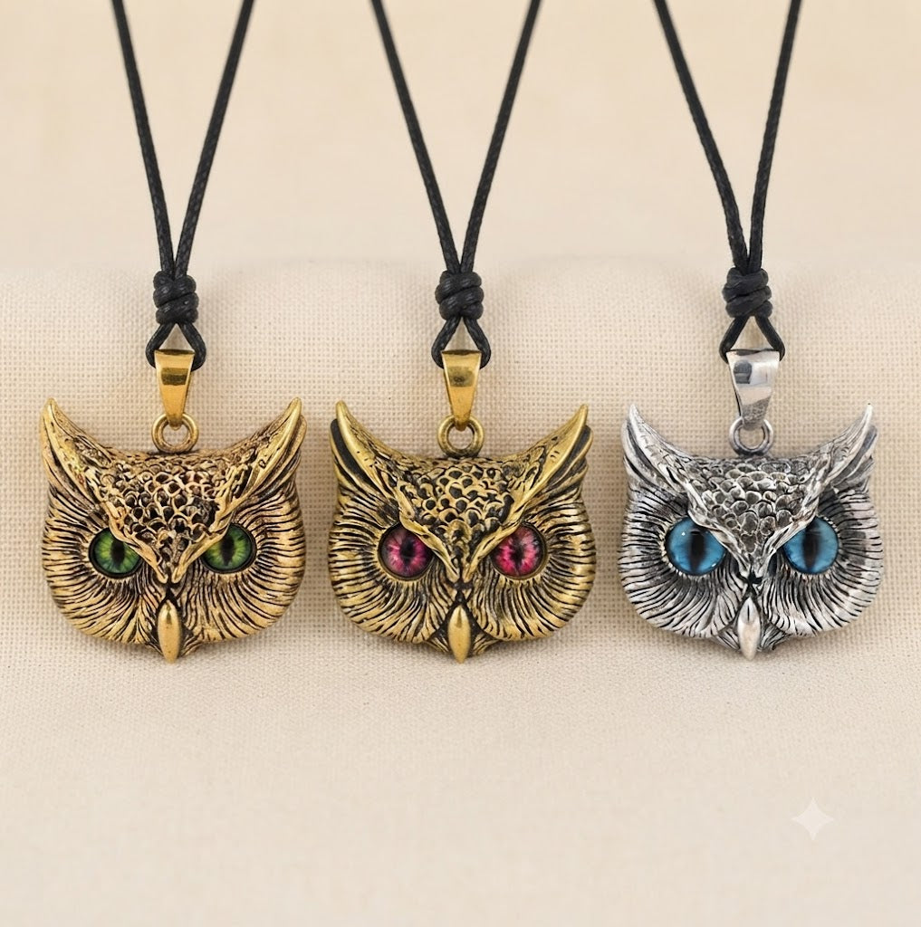Vintage Gothic Owl Blue Eyes Large Size 92.5Sterling Silver Gold Brass Pendant Necklace