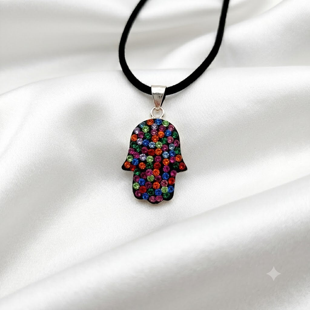 Hamsa Hand multi color 92.5 Sterling Silver Pewter Necklace Pendant Jewelry.