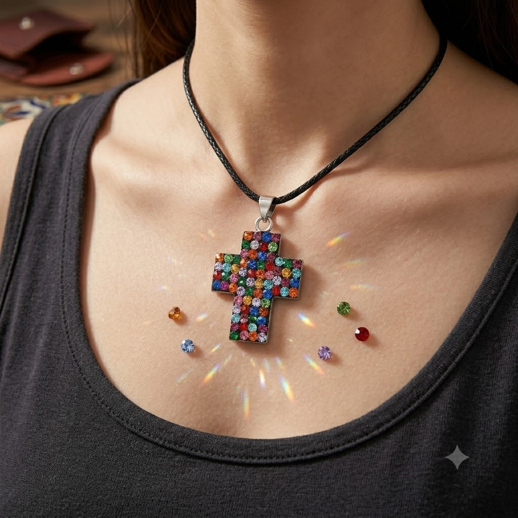 Elegant Multicolor Rhinestone Cross Charm 92.5 Sterling Silver  Necklace Pendant Jewelry
