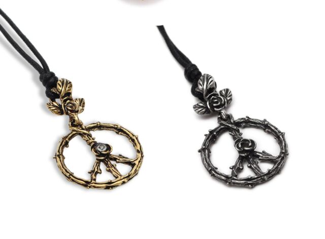 Peace Sign Roses Handmade Pewter Gold Brass Necklace Pendant Jewelry