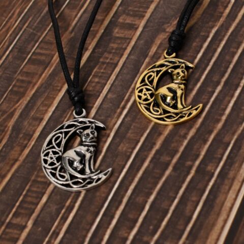 Celtic Moon and Cat Silver Pewter Gold Brass Charm Necklace Pendant Jewelry