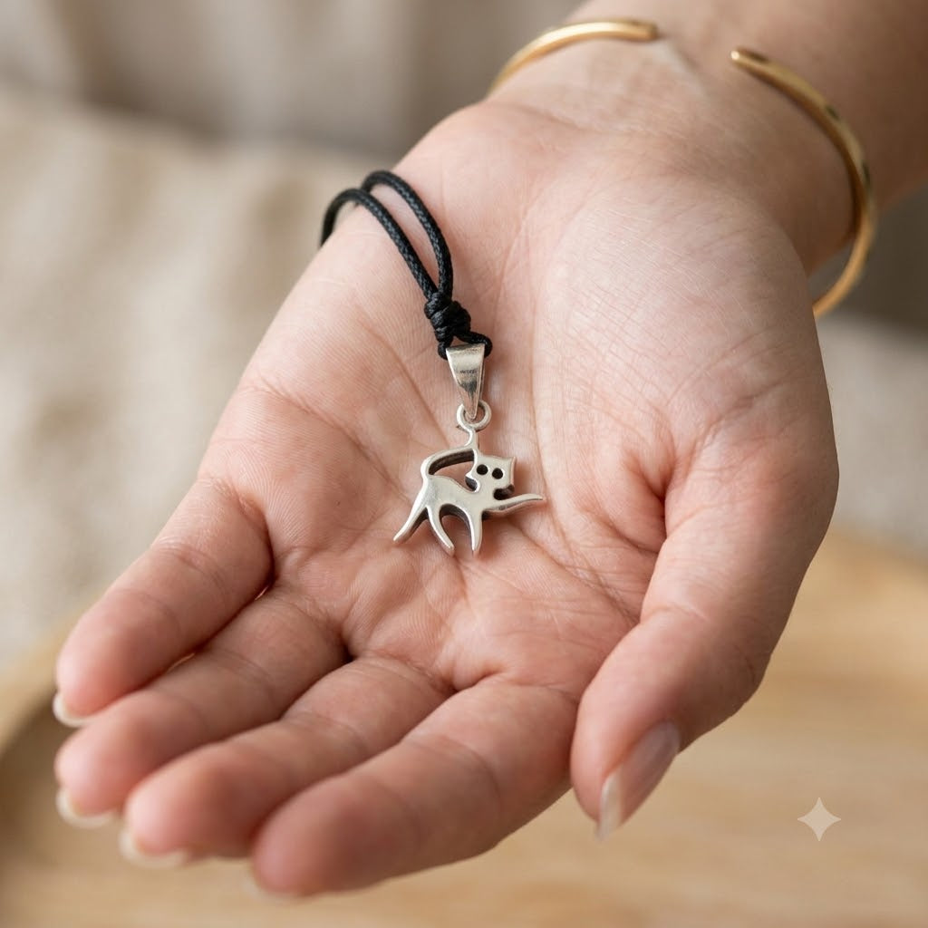 Cat Feline Silver Pewter Sterling Silver Charm Necklace Pendant Jewelry With Cotton Cord