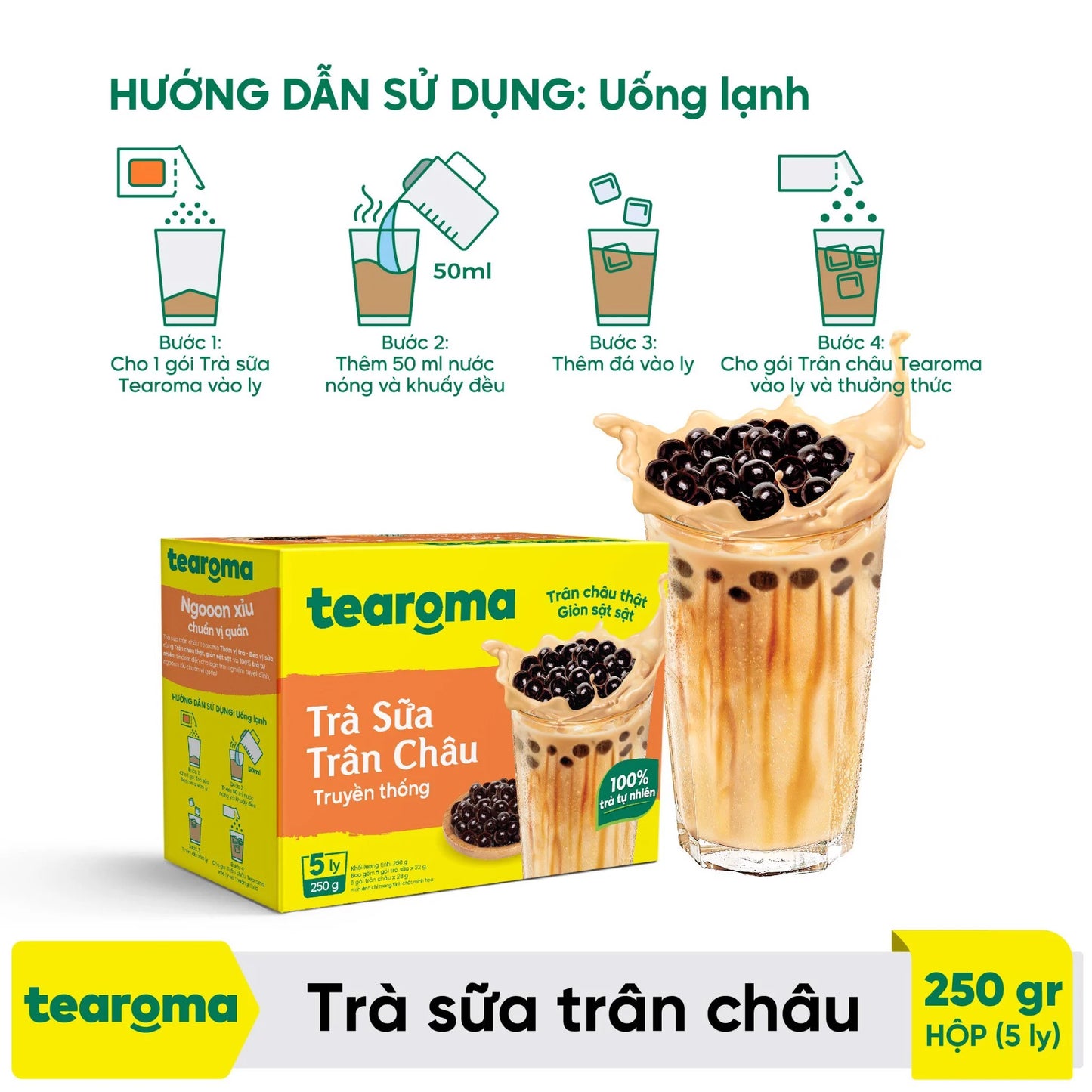 TEAROMA Bubble Milk Tea Original Flavour - 5 Instant Tea & Bubble Sachets 250g