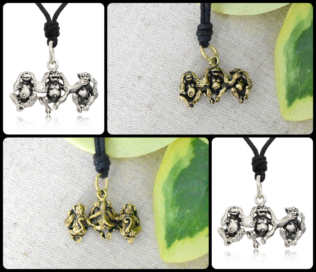 Three Wise Monkey 92.5 Sterling Silver Brass Charm Necklace Pendant Jewelry