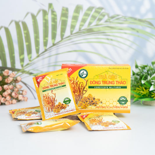 Vinh Xuan Cordyceps Militaris Instant Tea 210g (Box of 15 packs x 14g) - Soluble Rice Package - Enhances Immunity - Reduces Fatigue - Vinxupharma