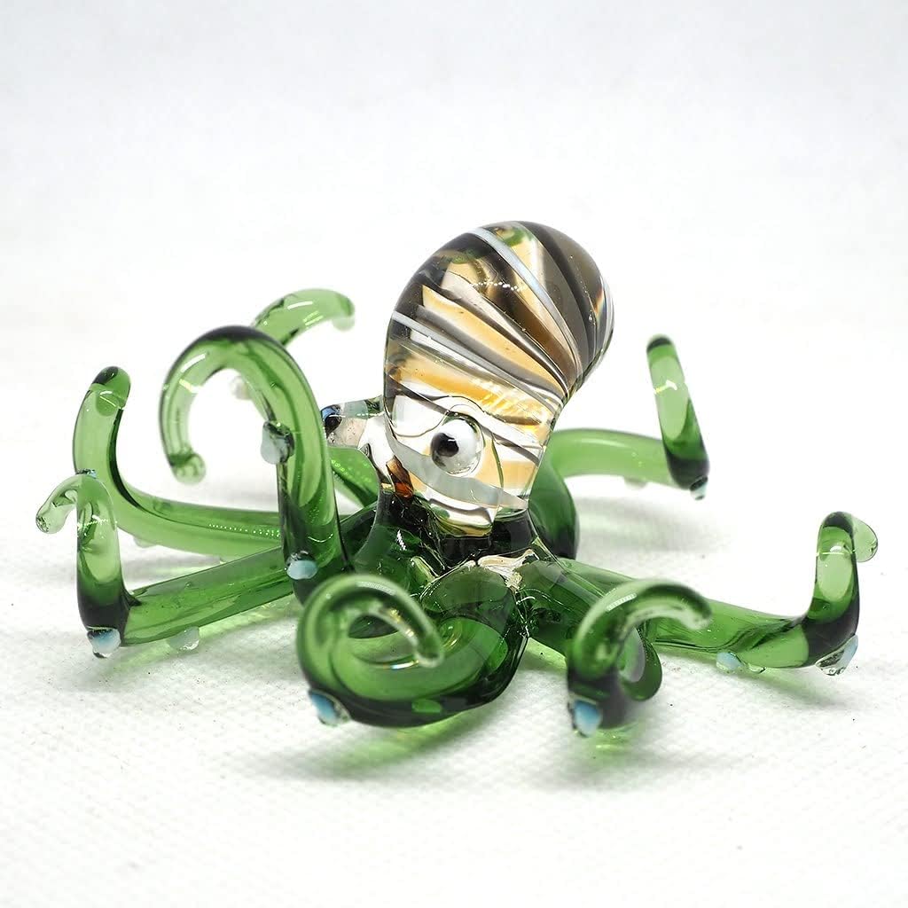 Glass Sea Octopus Figurine Green Miniature Hand Blown Coastal Style Home Decor Gift Collectible