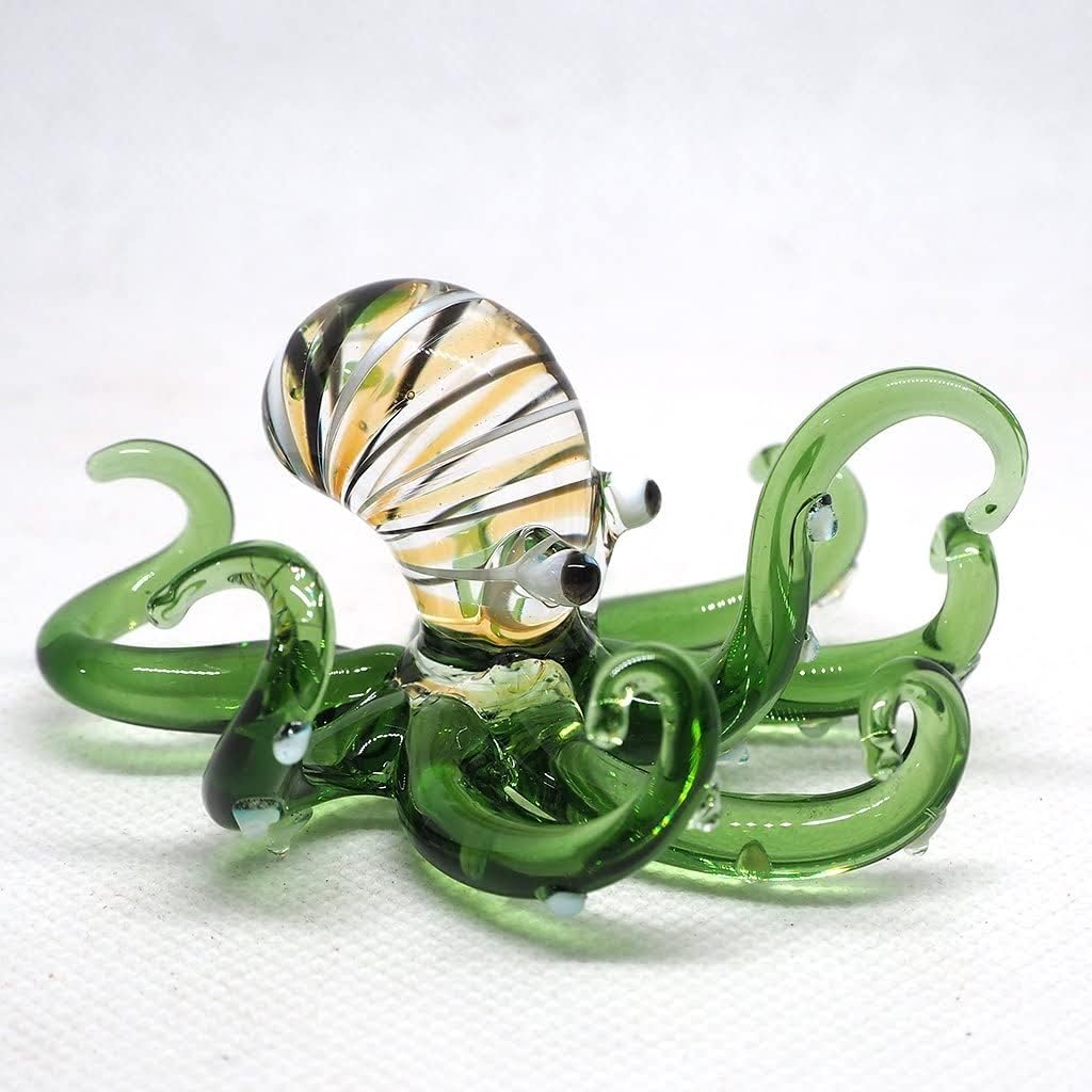 Glass Sea Octopus Figurine Green Miniature Hand Blown Coastal Style Home Decor Gift Collectible