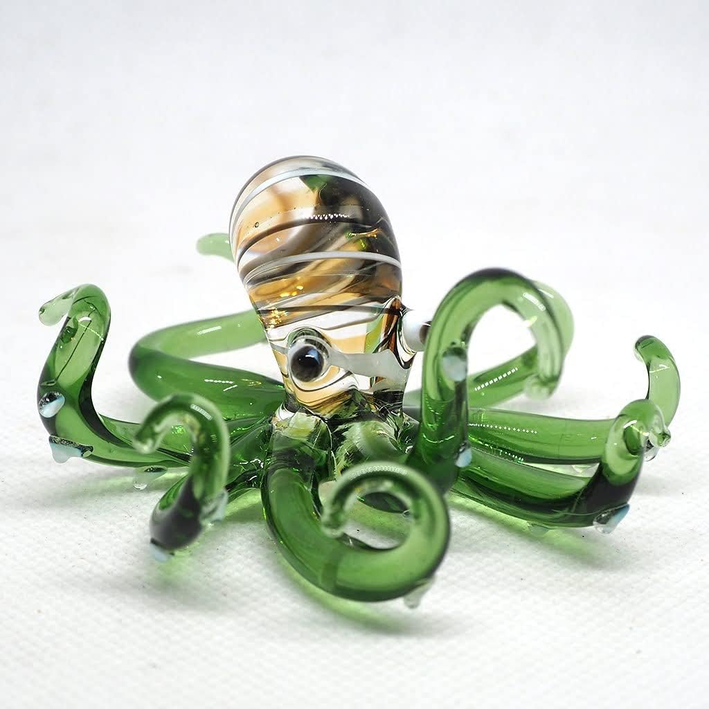 Glass Sea Octopus Figurine Green Miniature Hand Blown Coastal Style Home Decor Gift Collectible