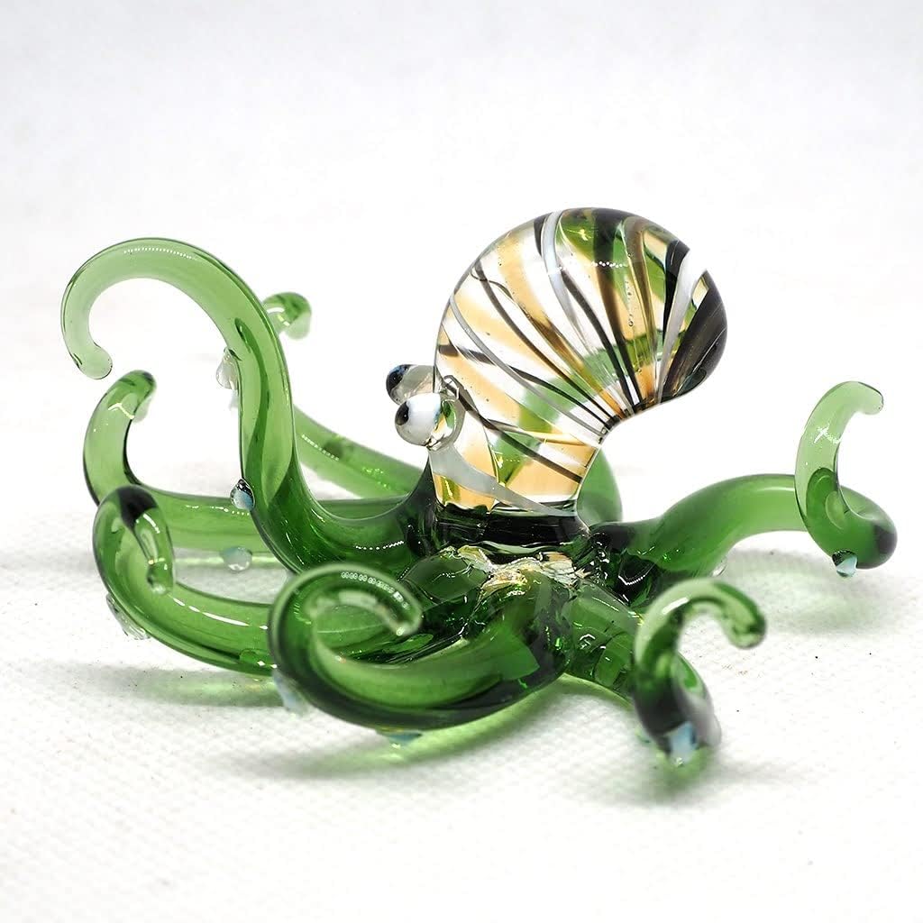 Glass Sea Octopus Figurine Green Miniature Hand Blown Coastal Style Home Decor Gift Collectible