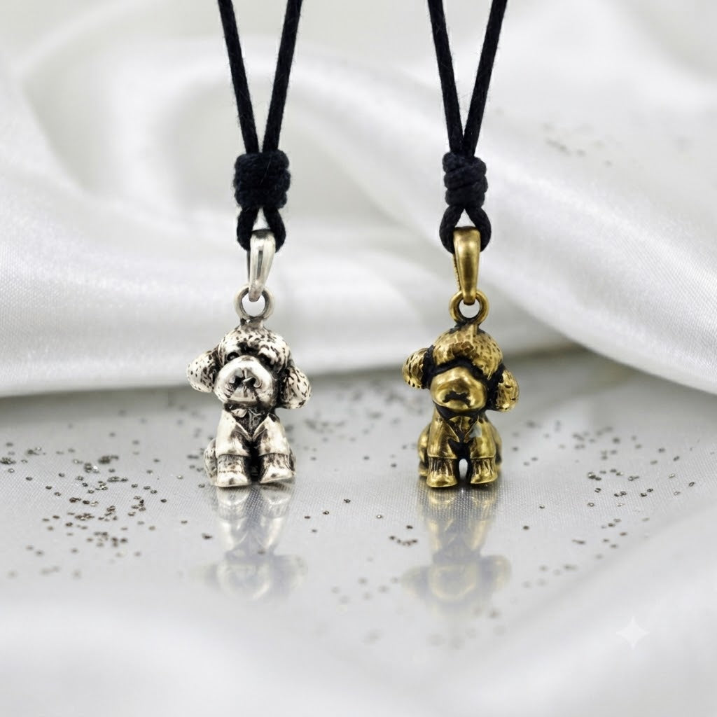 Vintage Cute Teddy Dog 92.5 Sterling Silver Gold Brass Pendant Necklace Jewelry