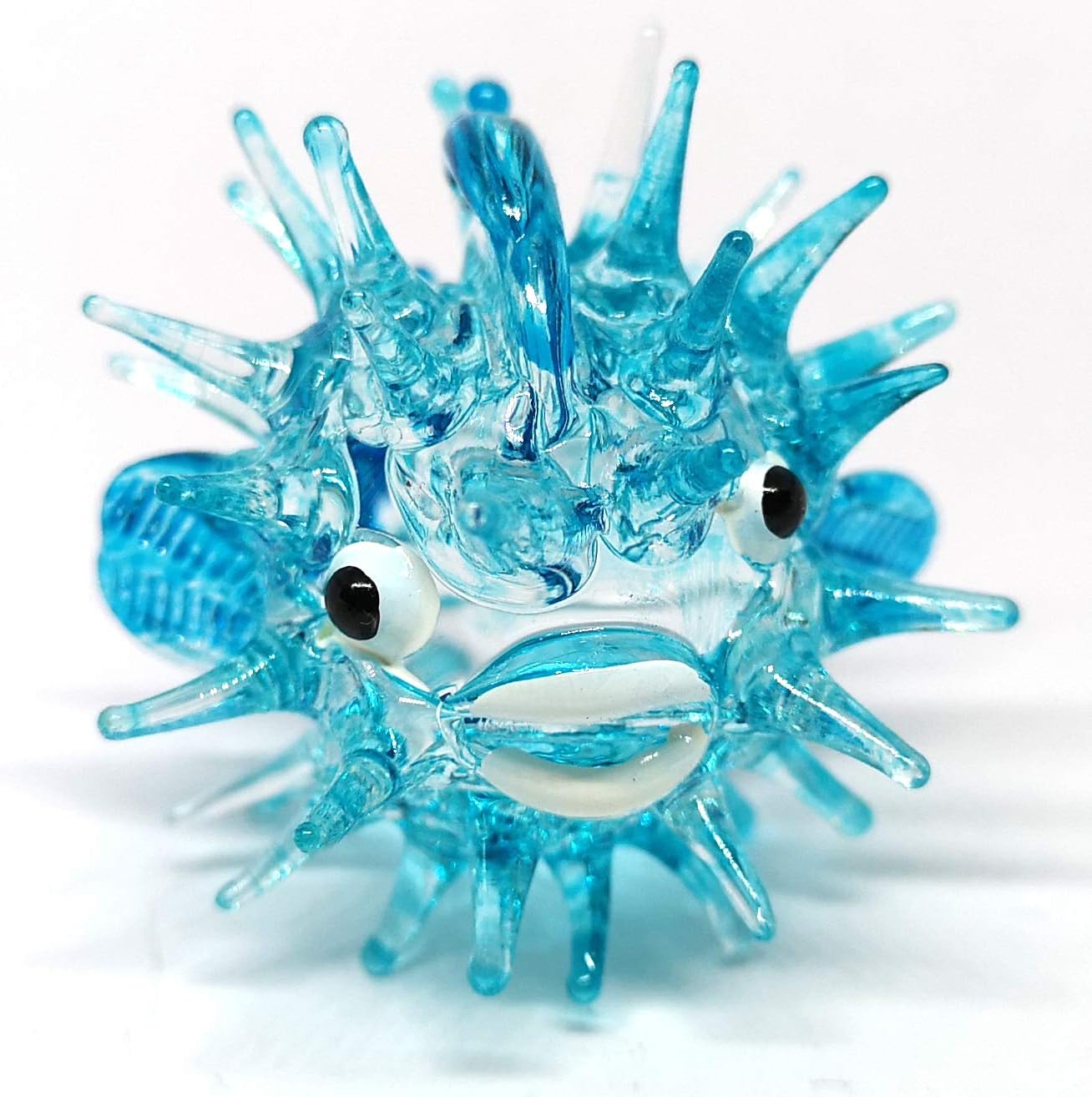 Blown Glass Figurines Green & Blue Puffer Fish Tiny Aquarium Miniature Handmade Decor