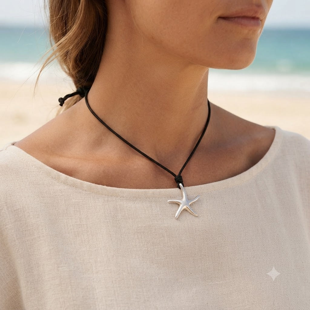 Cute Starfish  92.5 Sterling Silver Charm Necklace Pendant Jewelry