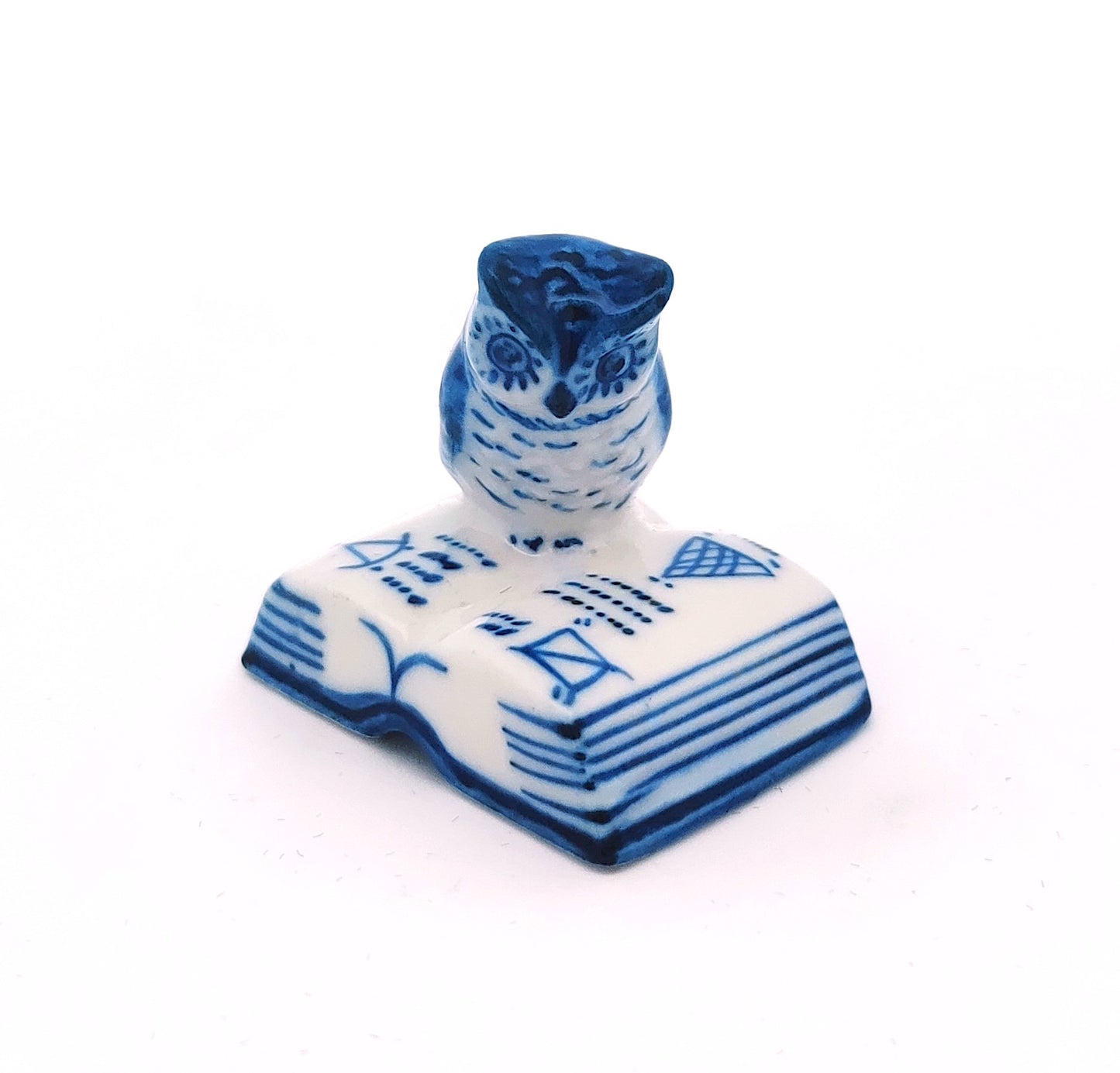Blue Owl Bird On the Book Figurine Ceramic Tiny Handicraft Miniature Dollhouse