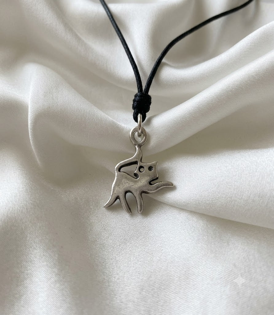 Cat Feline Silver Pewter Sterling Silver Charm Necklace Pendant Jewelry With Cotton Cord