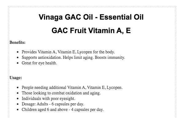 Vinaga Gac Oil - Momordian Cochinchinensis Essential Oil & DHA Fruit Vitamin A,E