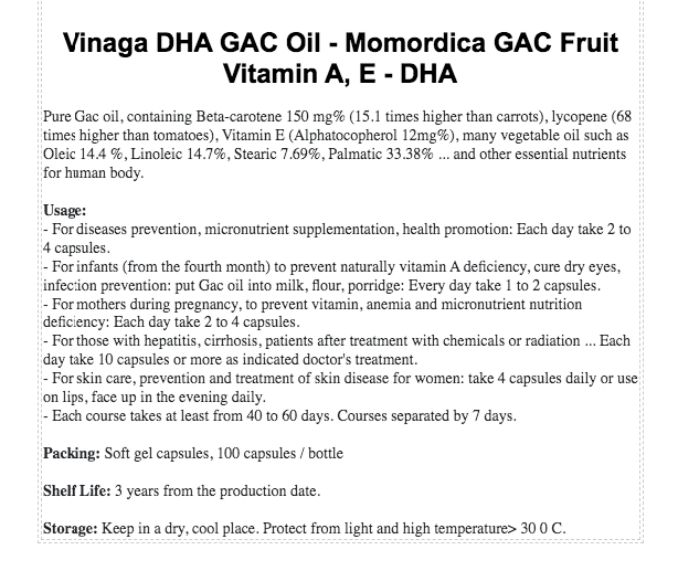 Vinaga Gac Oil - Momordian Cochinchinensis Essential Oil & DHA Fruit Vitamin A,E