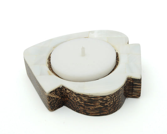 Fish Shaped Palm Wood Tealight Candle Holder Pink Mother of Pearl Inlay