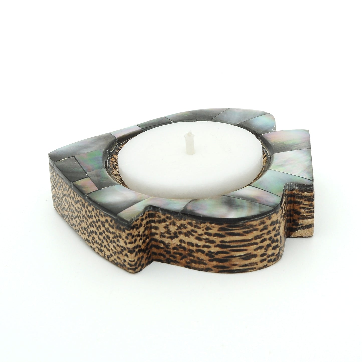 Fish Shaped Palm Wood Tealight Candle Holder Pink Mother of Pearl Inlay