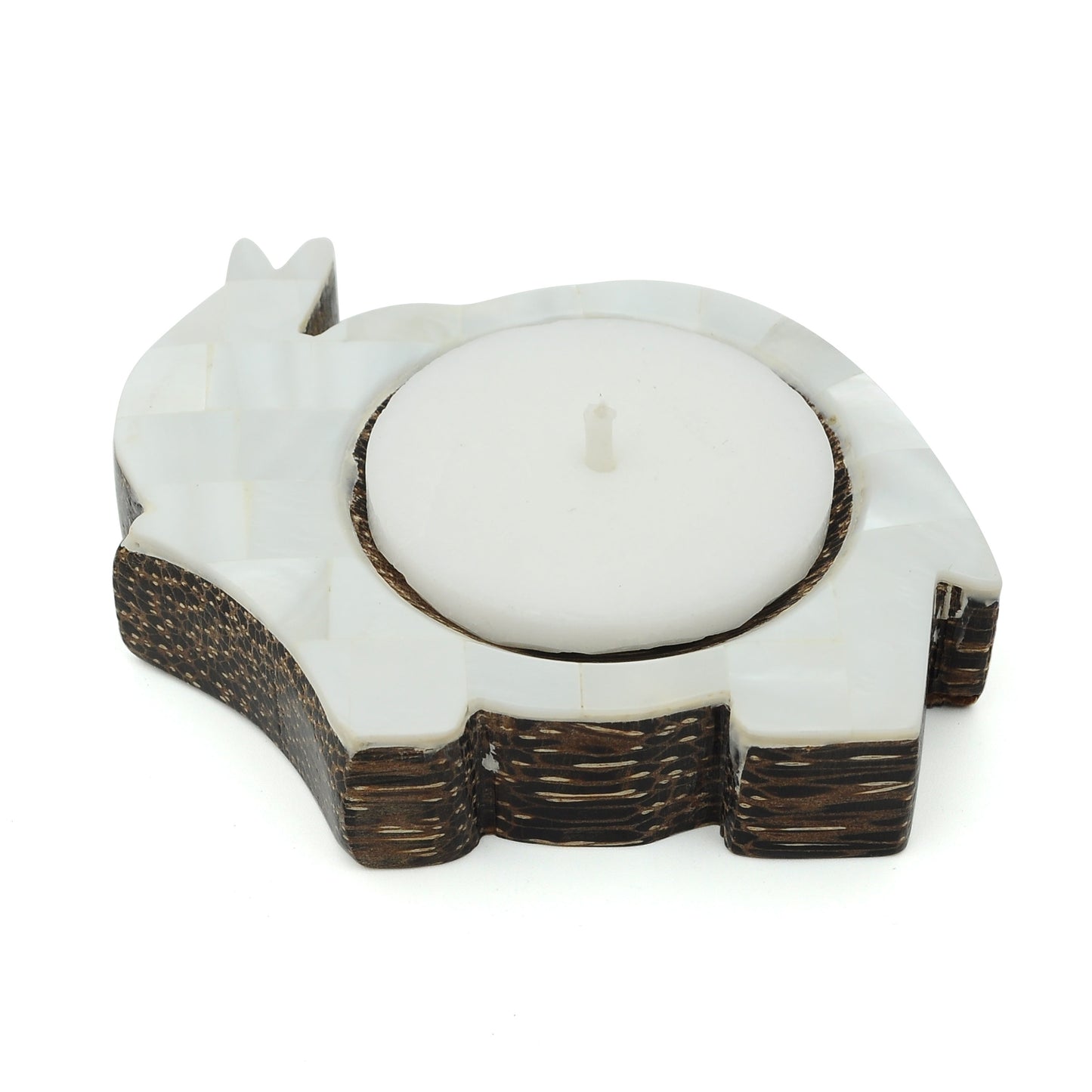 Elephant Shaped Palm Wood Tealight Candle Holder White Mother of Pearl Inlay