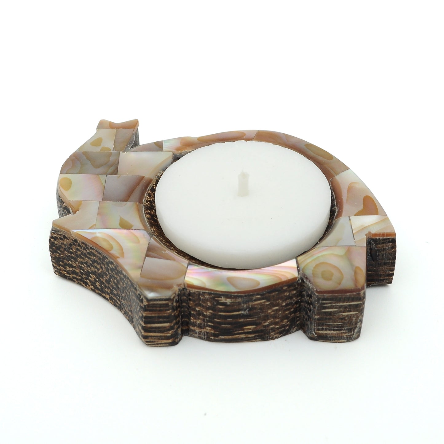 Elephant Shaped Palm Wood Tealight Candle Holder White Mother of Pearl Inlay