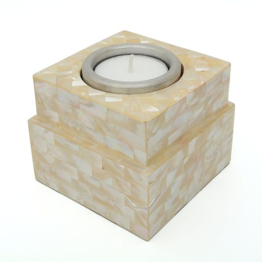 Votive Tealight Candle Holder Square Shape Yellow Mother of Pearl Inlay