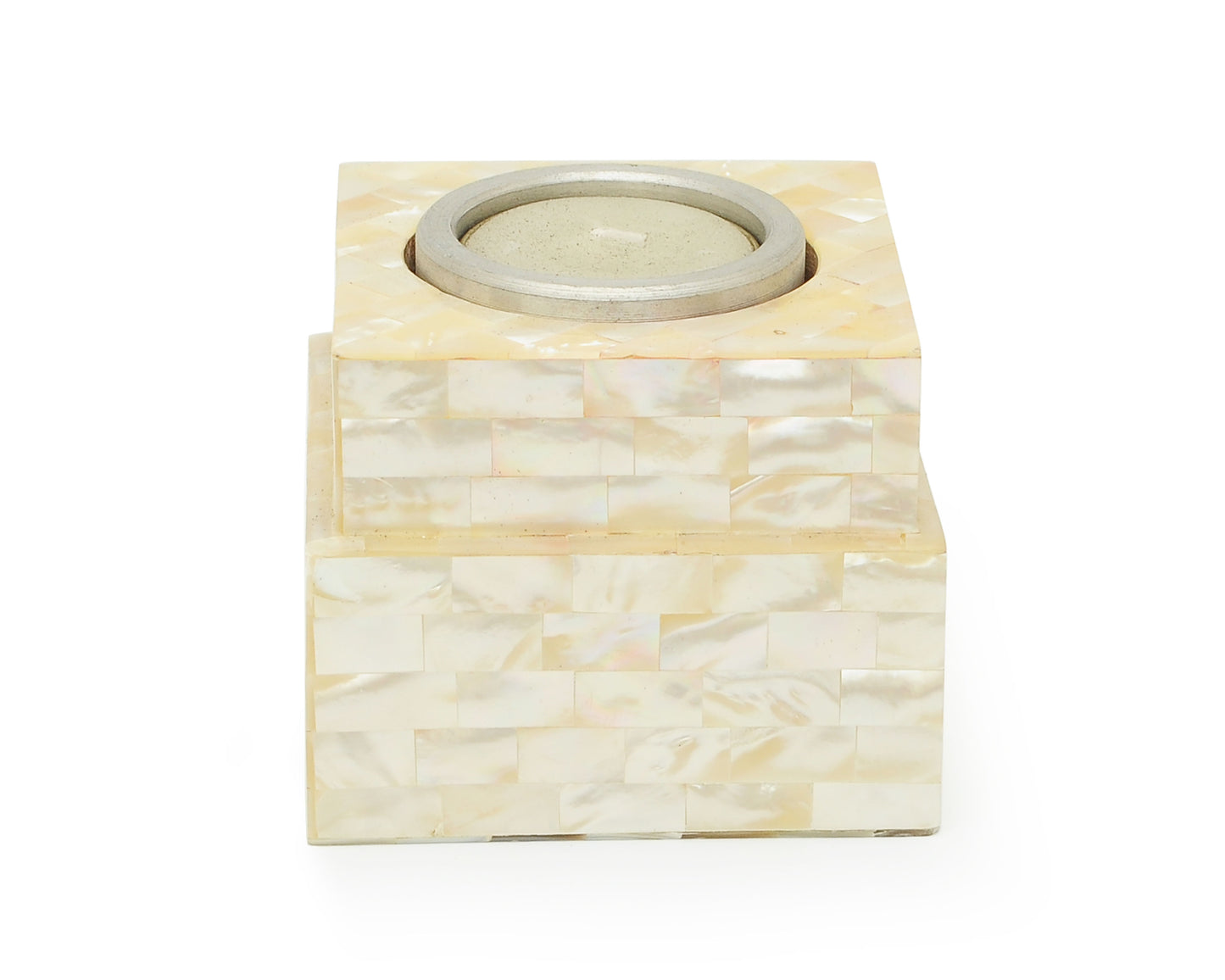 Votive Tealight Candle Holder Square Shape Yellow Mother of Pearl Inlay