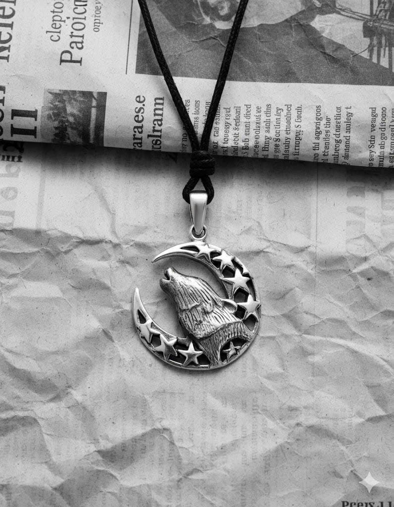 Wolf Howling Moon Indian 92.5 Sterling Silver Charm Necklace Pendent Jewelry