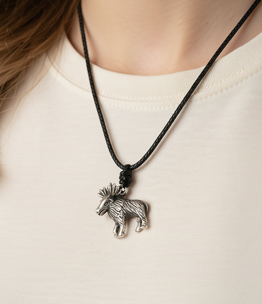 Reindeer Moose Silver Pewter Charm Necklace Pendant Jewelry With Cotton Cord