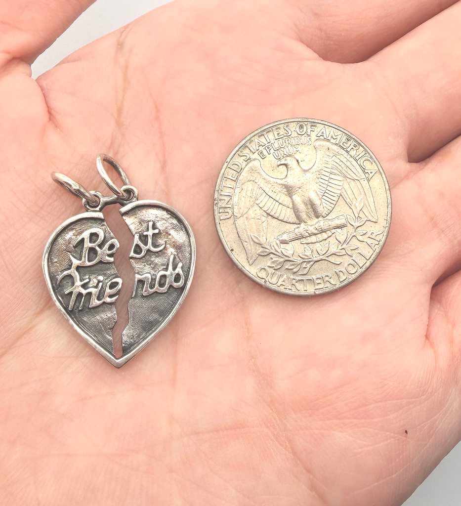 92.5 Sterling Silver Best Friends Broken Heart Pendant Charm With Cotton Cord