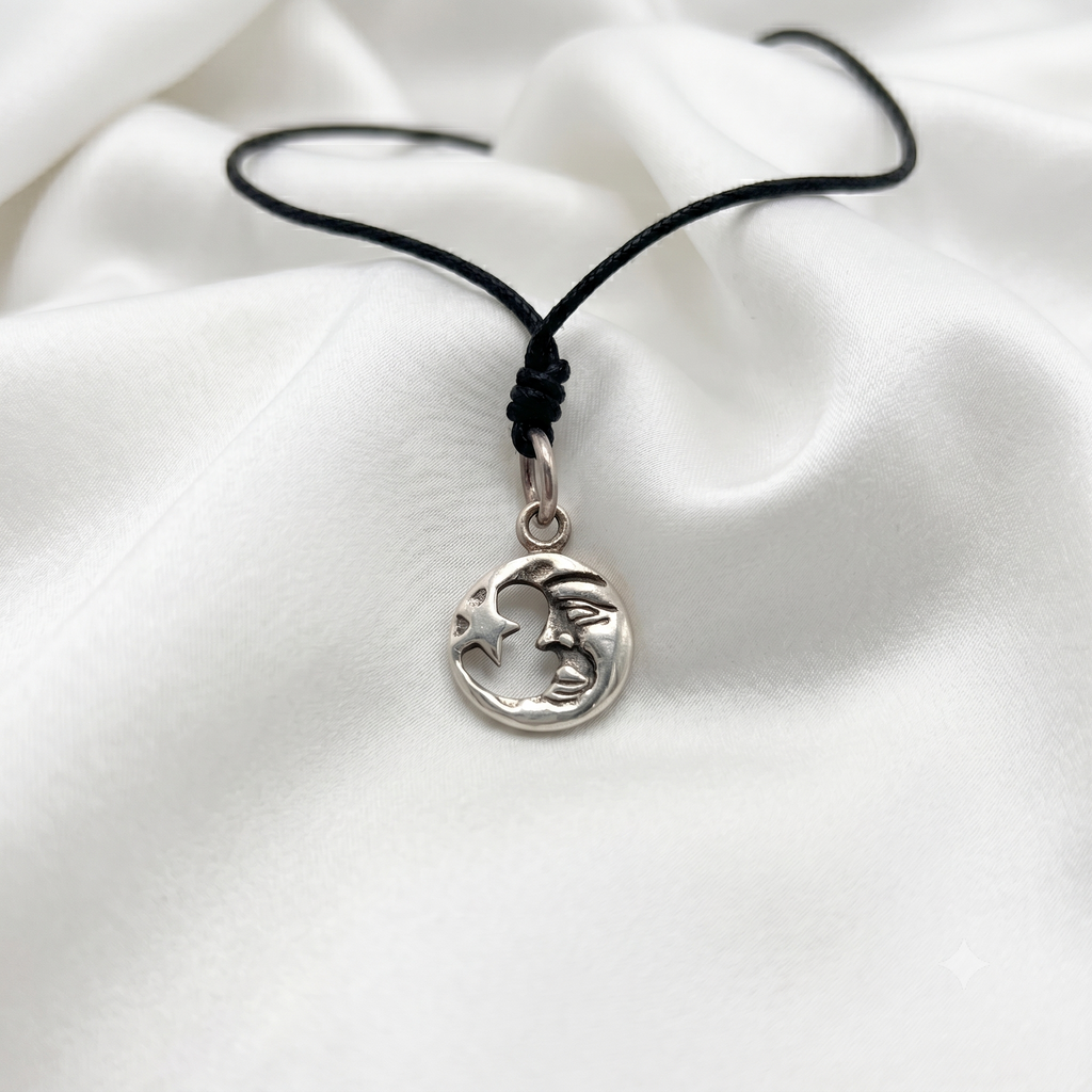 Moon & Star Silver Pewter Sterling Silver Charm Necklace Pendant Jewelry With Cotton Cord
