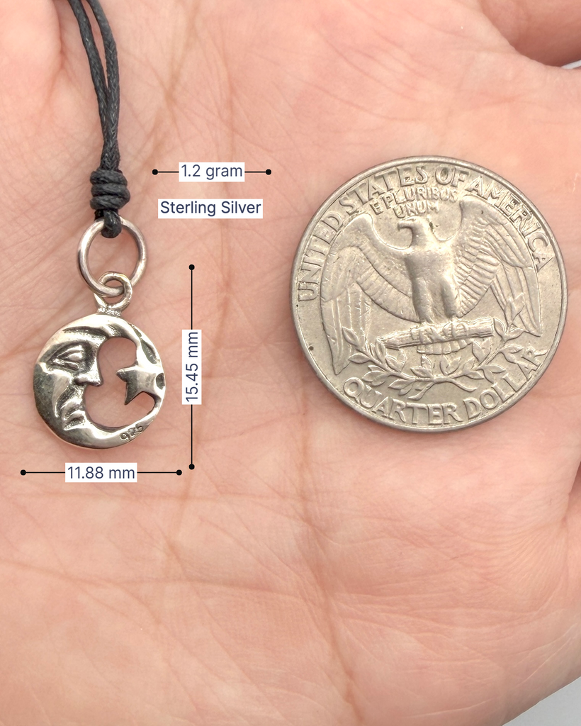 Moon & Star Silver Pewter Sterling Silver Charm Necklace Pendant Jewelry With Cotton Cord