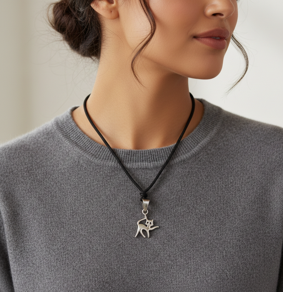 Cat Feline Silver Pewter Sterling Silver Charm Necklace Pendant Jewelry With Cotton Cord
