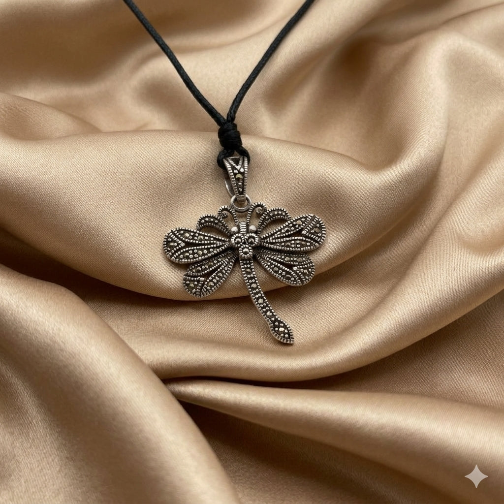 New Dragonfly Silver Pewter Charm Necklace Pendant Jewelry With Cotton Cord
