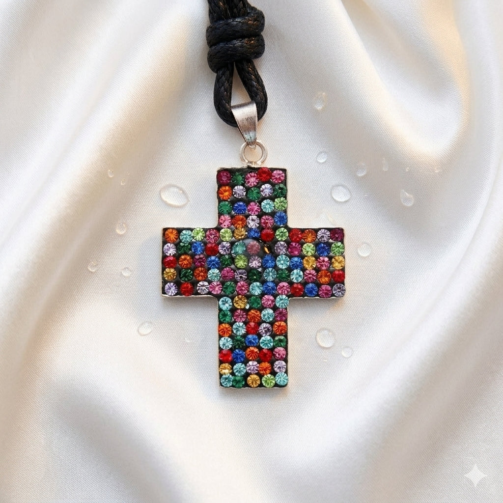 Elegant Multicolor Rhinestone Cross Charm 92.5 Sterling Silver  Necklace Pendant Jewelry