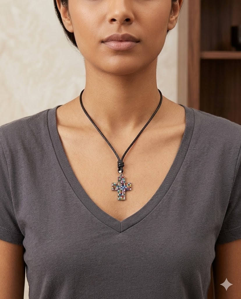 Elegant Multicolor Rhinestone Cross Charm 92.5 Sterling Silver  Necklace Pendant Jewelry