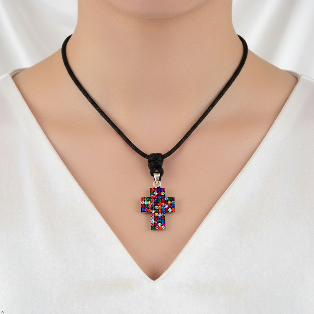 Elegant Multicolor Rhinestone Cross Charm 92.5 Sterling Silver  Necklace Pendant Jewelry