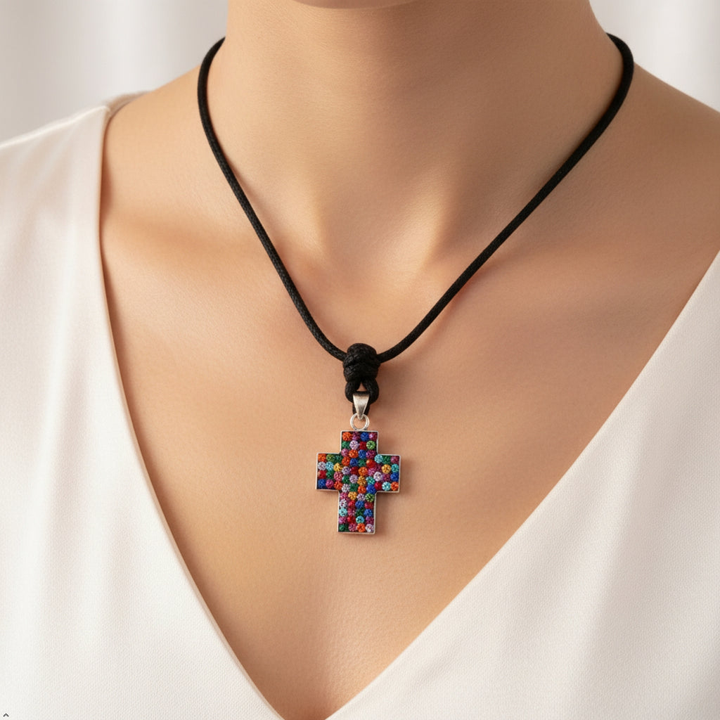 Elegant Multicolor Rhinestone Cross Charm 92.5 Sterling Silver  Necklace Pendant Jewelry